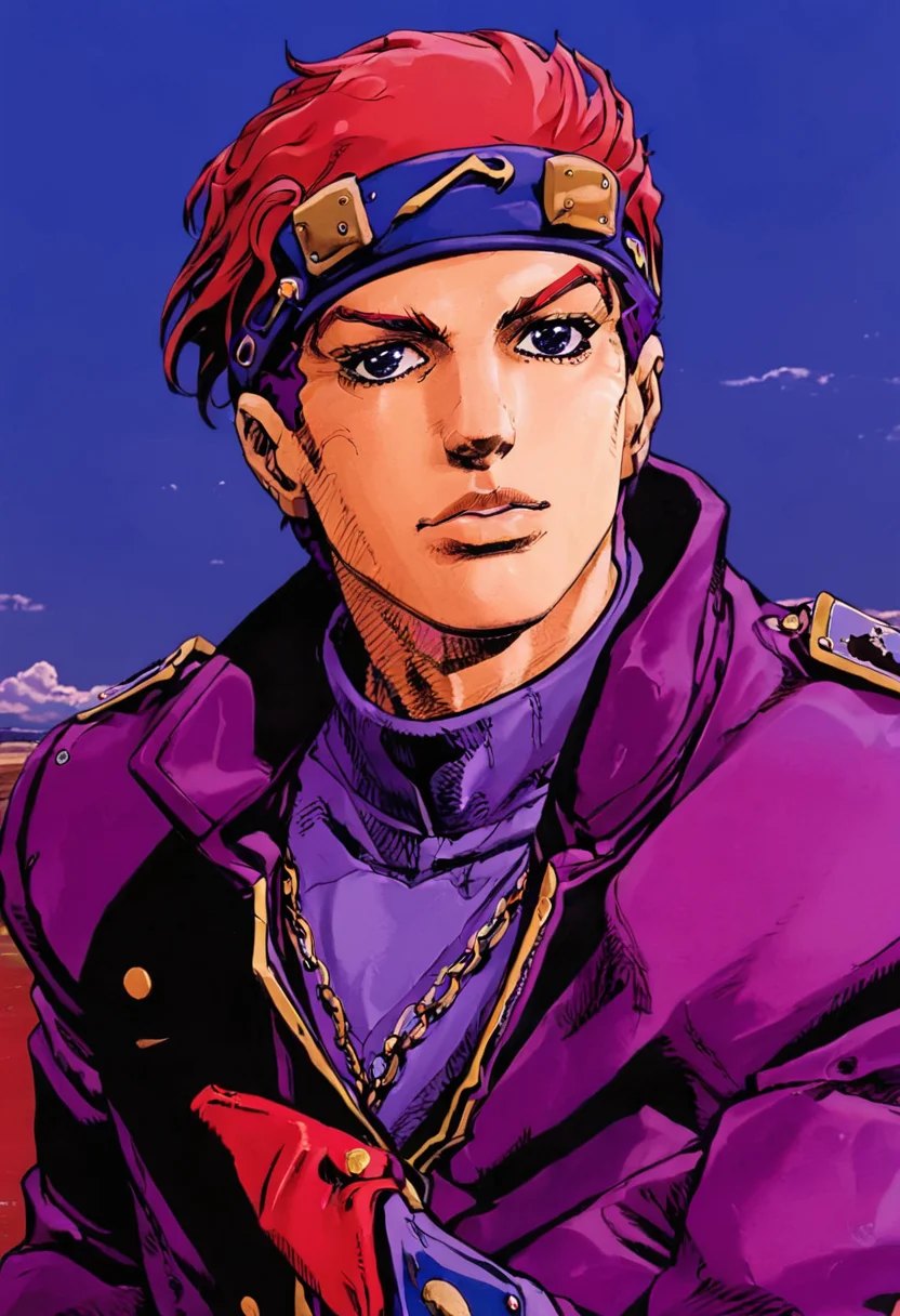 best quality, close up, a jotaro kujo with blue and red hair in purple coat , purple and red colors, simple sky in background, by araki hirohiko <lora:araki_hirohiko-000016:0.7> <lora:add-detail-xl:0.8>