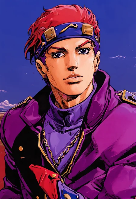 best quality, close up, a jotaro kujo with blue and red hair in purple coat , purple and red colors,  simple sky in background, by araki hirohiko <lora:araki_hirohiko-000016:0.7>  <lora:add-detail-xl:0.8>