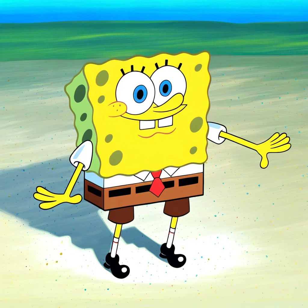 great quality, score_9, score_8_up, score_7_up, score_6_up, spongebob, blue eyes, brown pants, red tie, white shirt, striped white socks, black shoes, yellow skin, sand, ocean
