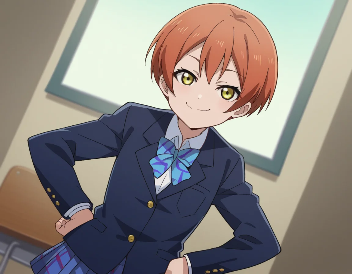 score_9, score_8_up, score_7_up, source_anime, <lora:rin-hoshizora-s1-ponyxl-lora-nochekaiser:1>, rin hoshizora, short hair, jacket, yellow eyes, orange hair, pixie cut,, skirt, school uniform, jacket, blazer, winter uniform, otonokizaka school uniform,, indoors, smug, smile, looking at viewer, solo, hands on hips,, cowboy shot, dutch angle