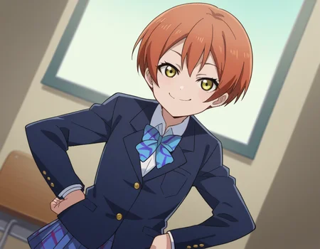 score_9, score_8_up, score_7_up, source_anime, <lora:rin-hoshizora-s1-ponyxl-lora-nochekaiser:1>, rin hoshizora, short hair, jacket, yellow eyes, orange hair, pixie cut,, skirt, school uniform, jacket, blazer, winter uniform, otonokizaka school uniform,, indoors, smug, smile, looking at viewer, solo, hands on hips,, cowboy shot, dutch angle
