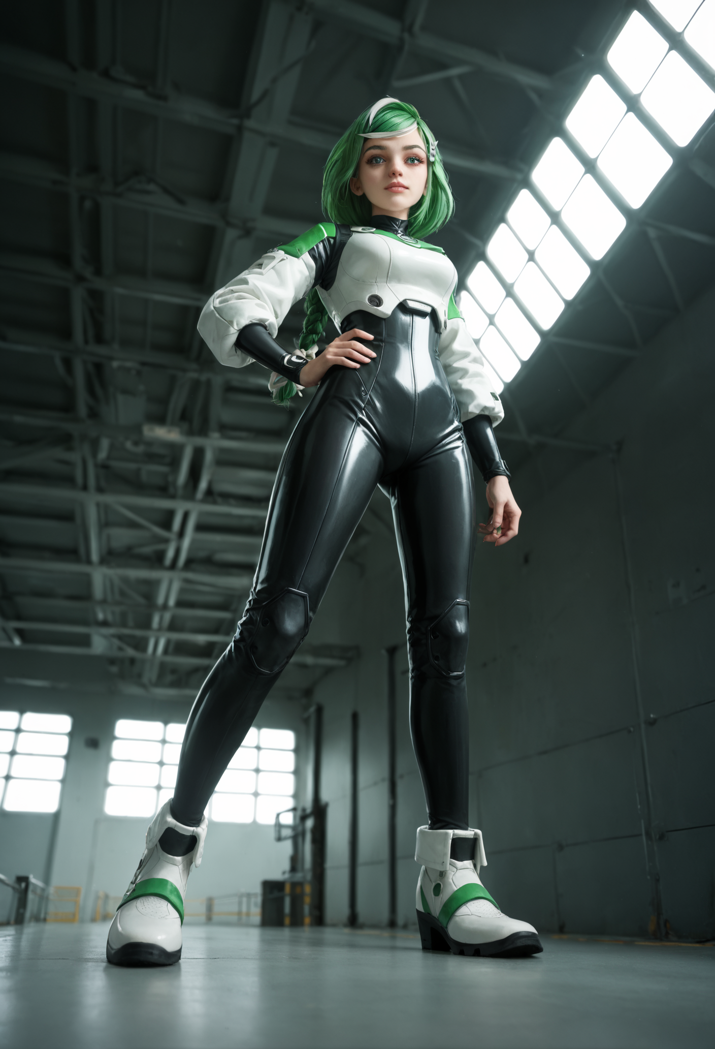 zPDXL2, (from below:0.8), (hand focus:0.9), depth of field, highly detailed,
medium shot, sber-chan, green hair, streaked hair, green eyes, single braid, white bow, long hair, (skin details:1.1),
looking at viewer, calm, standing legs apart, hand on own hip,
hairclip, (white plugsuit:1.1),
massive dark hangar housing a colossal robot, industrial and imposing, (dark theme:1.2), backlighting, metal catwalk \(walkway\),
<lora:add-detail-xl:1.5> <lora:Sber-chan:0.9>