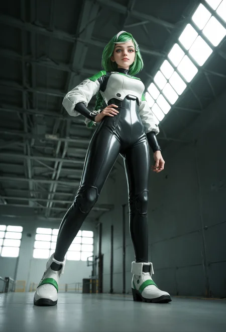 zPDXL2, (from below:0.8), (hand focus:0.9), depth of field, highly detailed,
medium shot, sber-chan, green hair, streaked hair, green eyes, single braid, white bow, long hair, (skin details:1.1),
looking at viewer, calm, standing legs apart, hand on own hip,
hairclip, (white plugsuit:1.1),
massive dark hangar housing a colossal robot, industrial and imposing, (dark theme:1.2), backlighting, metal catwalk \(walkway\),
<lora:add-detail-xl:1.5> <lora:Sber-chan:0.9>