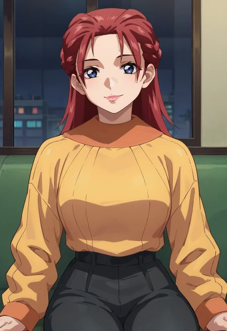 score_9,score_8_up,score_7_up,score_6_up,score_5_up,score_4_up,anime coloring,source_anime,<lora:Meyrin_Hawke_SEED_Destiny_Pony:0.8>,meyrin,1girl,solo,blue eyes,red hair,hair slicked back,side braid,lipstick,black pants,yellow sweater,smile,sitting,indoors,