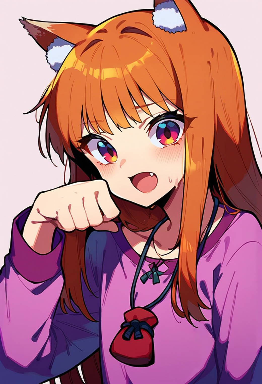 <lora:holo_spice_and_wolf:1> olohpnxl, holo, 1girl, wolf girl, solo, wolf ears, open mouth, paw pose, purple shirt, upper body, blush, long sleeves, fang, pouch, jewelry, looking at viewer, necklace score_9, score_8_up, score_7_up, score_6_up, score_5_up, score_4_up, source anime, BREAK,