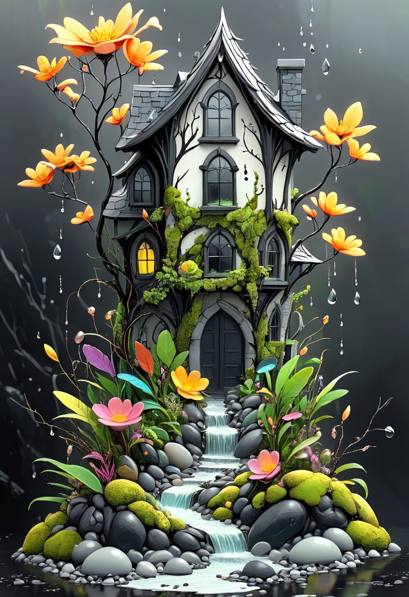 artmdfstff2, fantasy art, nature, conglomerate, sunlight, nature, outdoors, scenery, flowers, rain  black linework, white background, neon's and pastels, fantasy setting, world building, dark fantasy, organic, made of stuff, construct, moss, Leaves, petals, pebbles, water, sand, feathers, twigs