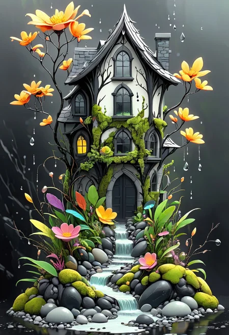 artmdfstff2, fantasy art, nature, conglomerate, sunlight, nature, outdoors, scenery, flowers, rain black linework, white background, neon's and pastels, fantasy setting, world building, dark fantasy, organic, made of stuff, construct, moss, Leaves, petals, pebbles, water, sand, feathers, twigs
