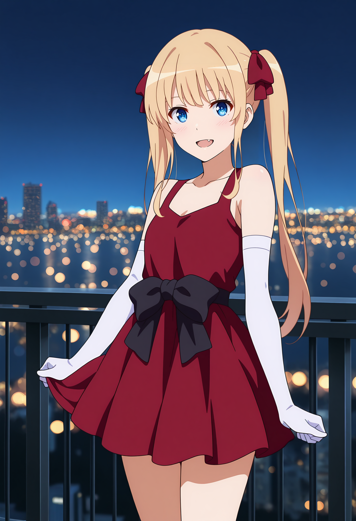 anime screencap, masterpiece, best quality,
<lora:Saekano_SawamuraSpencerEriri_IlluXL:0.9>,
1girl, solo, open mouth, blush, light smile, fang,
twintails, long hair, blonde hair, blue eyes, hair bow, red bow,
sleeveless dress, short dress, red dress, waist bow, black bow, elbow gloves, white gloves, 
standing, looking at viewer, cowboy shot,
outdoors, night, night sky, bokeh, moonlight, balcony, cityscape, photo background, blurry background