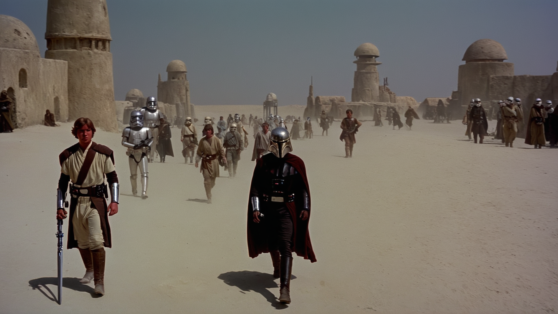 cinematic film still of  <lora:star wars style:0.2>
<lora:detailed:0.4> detailed
<lora:perfection style:0.4> perfect
<lora:PerfectEyesXL:0.5>
 <lora:Chiaroscuro Lighting Style:0.3>
 <lora:Tatooine:0.9>
Tatooine a man in a helmet and a cape walking through a desert,in star wars style,holding,standing,weapon,outdoors,multiple boys,sword,cape,armor,helmet,shield,ruins,multiple others,knight,full armor,ambiguous gender,helm, shallow depth of field, vignette, highly detailed, high budget, bokeh, cinemascope, moody, epic, gorgeous, film grain, grainy