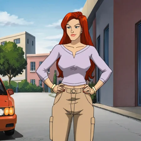 <lora:jeangreyxmenevolution_pony_v1:.7> jeangreyPurpleEvolution, 1girl, long hair, jewelry, pants, red hair, bracelet, blue eyes, makeup, lipstick, mature female, hands on waist, bedroom
