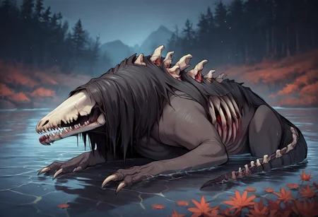 score_9, score_8_up, score_7_up, uncensored, masterpiece, best quality, source_anime BREAK 1girl, solo, scp-682, no humans, monster, teeth, sharp teeth, claws, bone, skull head, no eyes, feral, tail, Expressiveh outdoors, water, lake, partially submerged <lora:Expressive_H:0.6> <lora:add-detail-xl:0.5> <lora:SCP-682:0.85>