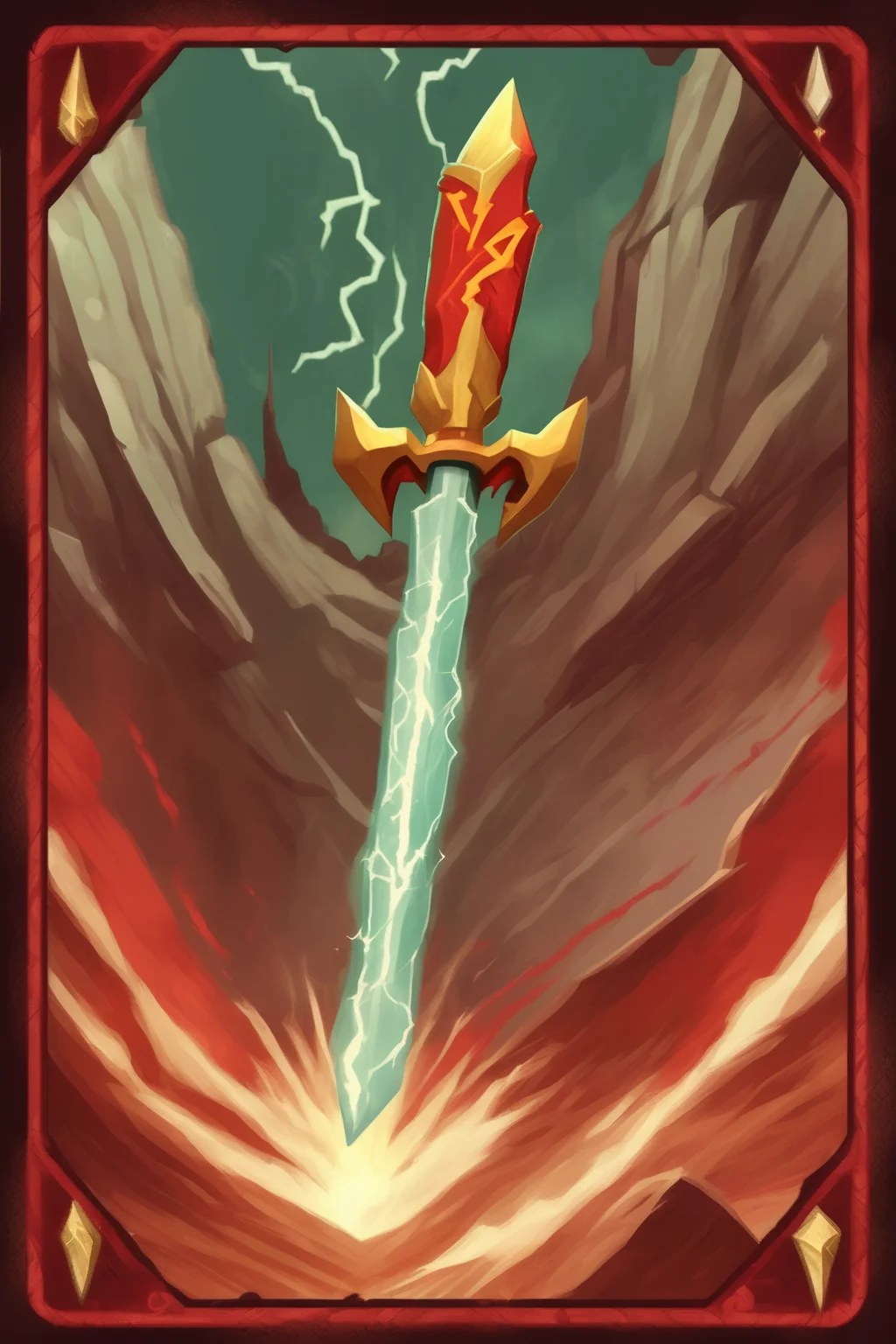 <lora:Dixit Card Generator:1>Dixit Card Generator - a card art depicting the thunderbolt of zues set in the style of the game Slay the Spire