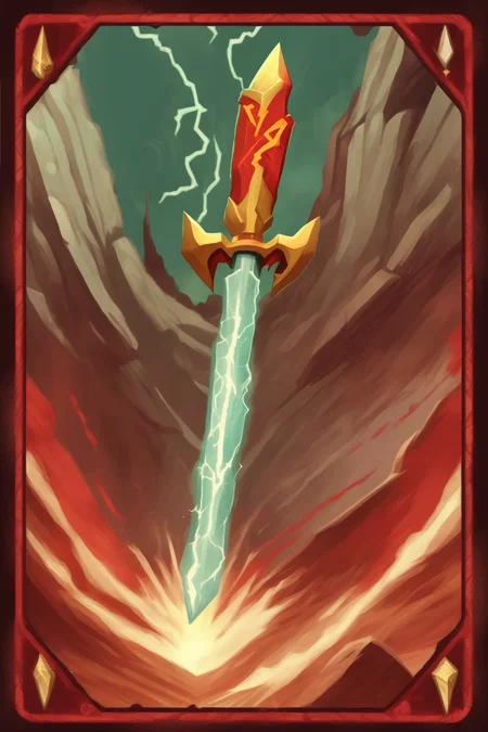 <lora:Dixit Card Generator:1>Dixit Card Generator - a card art depicting the thunderbolt of zues set in the style of the game Slay the Spire