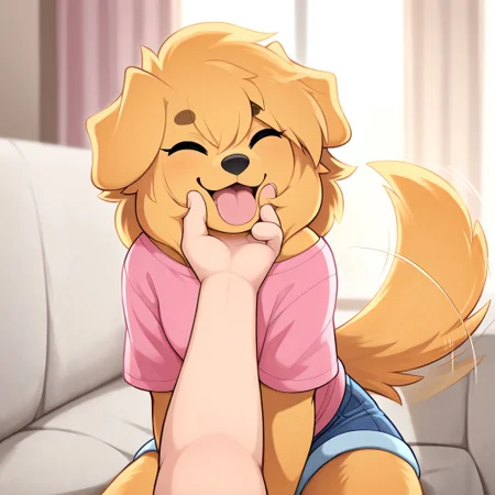 masterpiece, best quality, newest, absurdres, highres, furry, perfect anatomy, Friday,1girl,solo,furry female,dog girl,dog ears,green eyes,snout,animal nose,body fur,two-tone fur,dog tail, small breasts, pink shirt, blue shorts, denim shorts, living room, couch, sitting, looking at viewer, smiling, happy, pov, off-screen human, petting chin, scratching chin, tail wag, eyes closed, tongue out, barking, mouth open, happy,