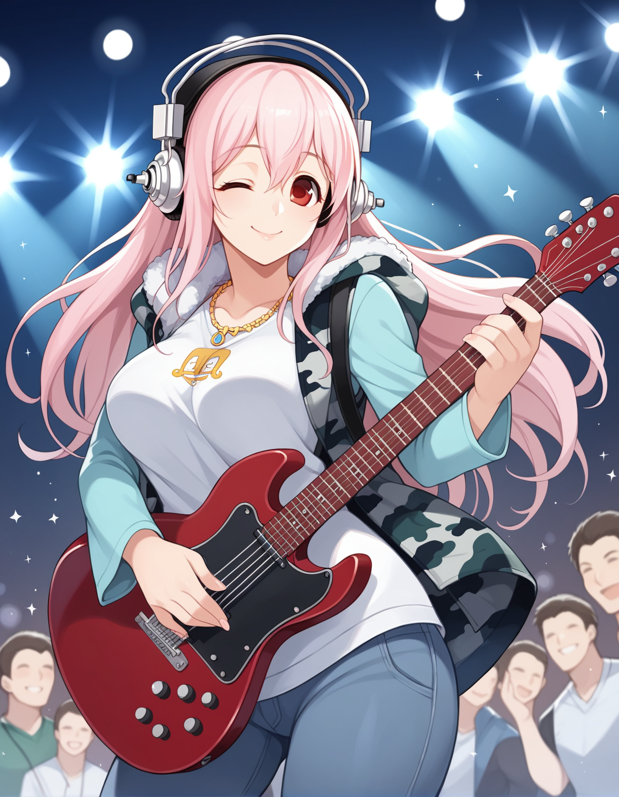score_9, score_8_up, score_7_up, score_6_up, score_5_up, score_4_up, source_anime, rating_safe, BREAK <lora:sonicoXL_LoRA-C3Lier_AdamW_Dim8_Alpha8_UN-3e-4_TE-1.5e-4_10batch_ponyDiffusionV6XL_v6StartWithThisOne:1>, super sonico, 1girl, pink hair, long hair, red eyes, large breasts, two-tone shirt, green shirt, camouflage vest, hooded vest, headphones, light smile, one eye closed, electric guitar, holding instrument, stage, stage lights, spotlight, concert, crowd