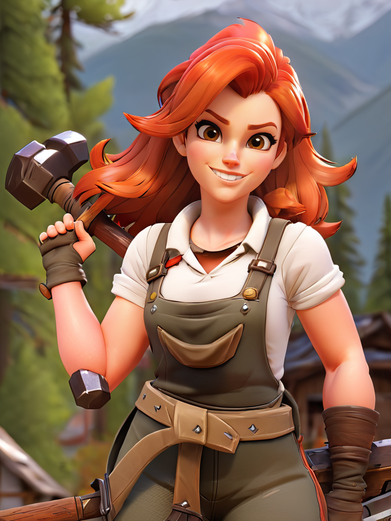 ForniteStyle, blacksmith girl holding a hammer, sexy, curvy, village,mountains and forest, red hair, big breasts, brown eyes, wavy hair, dry, overalls, very happy, blush, very seductive smile, 
<lora:ForniteStyleRunPod-000008:1>