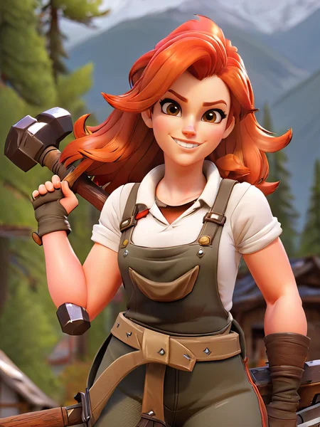 ForniteStyle, blacksmith girl holding a hammer, sexy, curvy, village,mountains and forest, red hair, big breasts, brown eyes, wavy hair, dry, overalls, very happy, blush, very seductive smile,
<lora:ForniteStyleRunPod-000008:1>