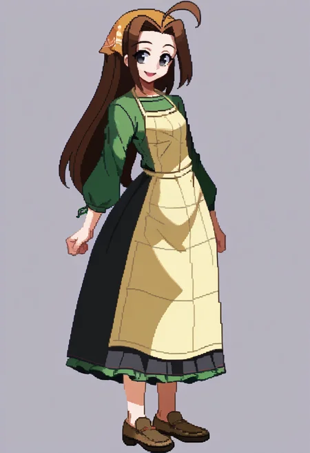 score_9, score_8_up, score_7_up, source_anime, BREAK, solo, 1girl, smile, looking at viewer, <lora:Under-Night-In-Birth-Sprites-pdxl_Fp:1>, simple background, full body, standing, <lora:Celia-pdxl_Fp:1>, celiahm, brown hair, grey eyes, ahoge, long hair, bandana, green shirt, apron, skirt,