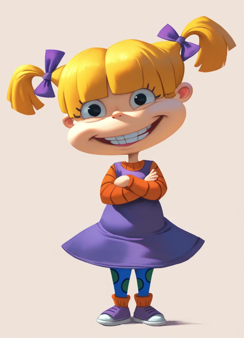 score_9, score_8_up, score_7_up, score_6_up, source_cartoon, rating_safe, solo, (little girl, child:1.4), AngXL, a little girl with blonde hair styled in pigtails with bows, black eyes, wearing a purple dress with orange sleeves, blue leggings with green dots and purple sneakers, curtsy, legs crossed, portrait, smile embedding:zPDXL, embedding:zPDXLpg,