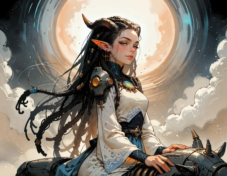 score_9, score_8_up, score_7_up, score_6_up, score_5_up, score_4_up, female, cel-shading, backlit, delicate features, very long hair, (dreadlocks), riding a badonkadonk, medium breasts, horns, cyborg, pointy elf ears, multiple ear piercings, black background, techwear, large horns, dynamic pose, freckles, light blue outfit, blue glowing machine parts, hair oranments, smug, seductive smile, from behind, looking over shoulder, battle armour, chestplate, japanese dress