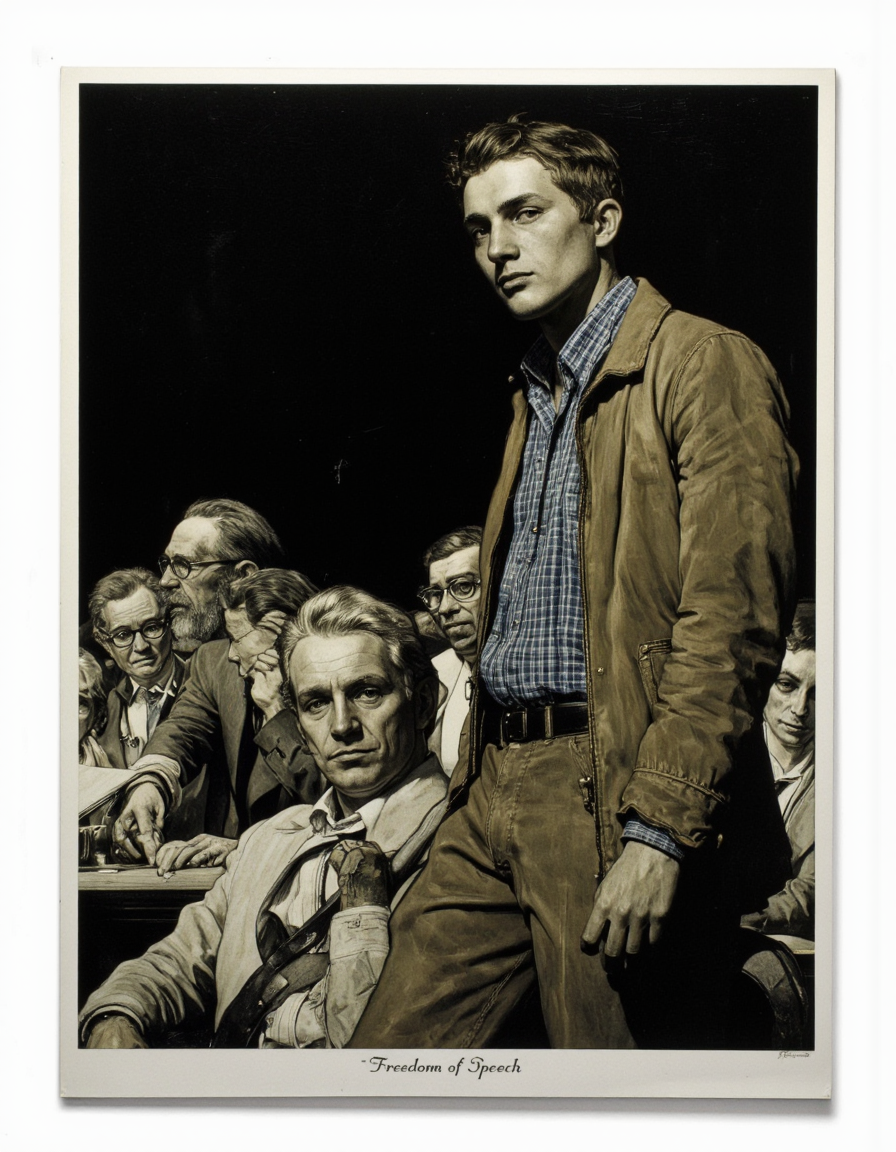 Art by Norman Rockwell. A black and white photograph from the front about a man standing in front of a crowd, wearing a brown jacket and a blue plaid shirt. the man, who appears to be in his early twenties, is standing in the middle of the image, looking off to the side with a serious expression. he has short, dark hair and is wearing a pair of brown pants. to his right, another man, also in his mid-twenties, is sitting in a chair, looking up at him with a contemplative expression. to the left of the man in the foreground, a group of older men are gathered around a table, some of them are wearing suits and ties. the background is dark, and the overall mood is somber and reflective. the photograph is signed "Freedom of Speech" at the bottom.