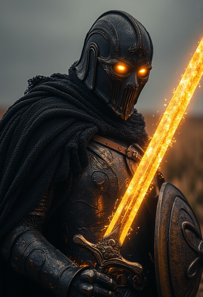 Closeup of an Action Scene shot of a dark-armored towering warforged hkstyle knight with Long billowing cape in the heat of an intense action-packed battle , (facing the viewer). cinematic movie-still-shot in 4k. The hkstyle knight's intricately designed, battle-worn helmet emits glowing amber eyes and reflects the glow of his weapon—an arcane sword. The blade crackles with golden energy, gathering at its tip, The energy radiates along the length of the blade, casting a glow that illuminates the knight’s helmet and armor, creating stark contrasts between light and deep shadows. In his other hand, the knight holds on his arm an impressive shield with strap, The shield is adorned with the iconic symbol of an elder god. The shield emanates a sense of awe as if imbued with divine magic adding to the overall awe of his presence. The glow from the sword throws the intricate details of the shield into sharp relief, casting long shadows that flicker across the Long Plains scenery battlefield amidst grasslands
aidmaHyperrealism