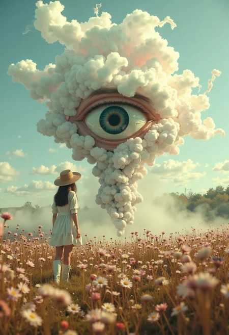 a one-eyed alien standing in front of woman,his body consists of [smoke:woman] in a cute straw hat,in a delicate loose-fitting dress,in white knee-high boots, with a bag over her shoulder,a giant eye is transformed.into a body made of smoke,with hair fluttering in the wind,walking through a field of delicate flowers.Art has amazing fantastic qualities,combining elements of reality and imagination in a visually appealing way.creates a sense of myster