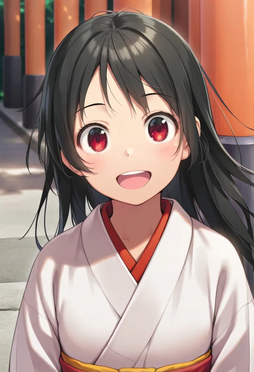 masterpiece,best quality,amazing quality, fushimi inari, black hair, red eyes, long hair, 1girl, solo, japanese clothes, open mouth, kimono, looking at viewer, smile, upper body, white kimono