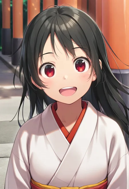 masterpiece,best quality,amazing quality, fushimi inari, black hair, red eyes, long hair, 1girl, solo, japanese clothes, open mouth, kimono, looking at viewer, smile, upper body, white kimono