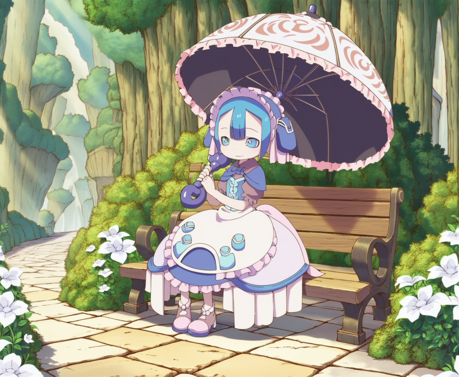 score_9, score_8_up, score_7_up, score_6_up, score_5_up, score_4_up, source_anime, full-length portrait, solo BREAK mmarulk, male, maid outfit, maid hat, maid shoes, tree, bush, moss, white flower, path, detailed background, clutter, dynamic, intricate <lora:Made In Abyss - CharactersXL v0.6b-000005:1> <lora:zy_Detailed_Backgrounds_v1:0.75>