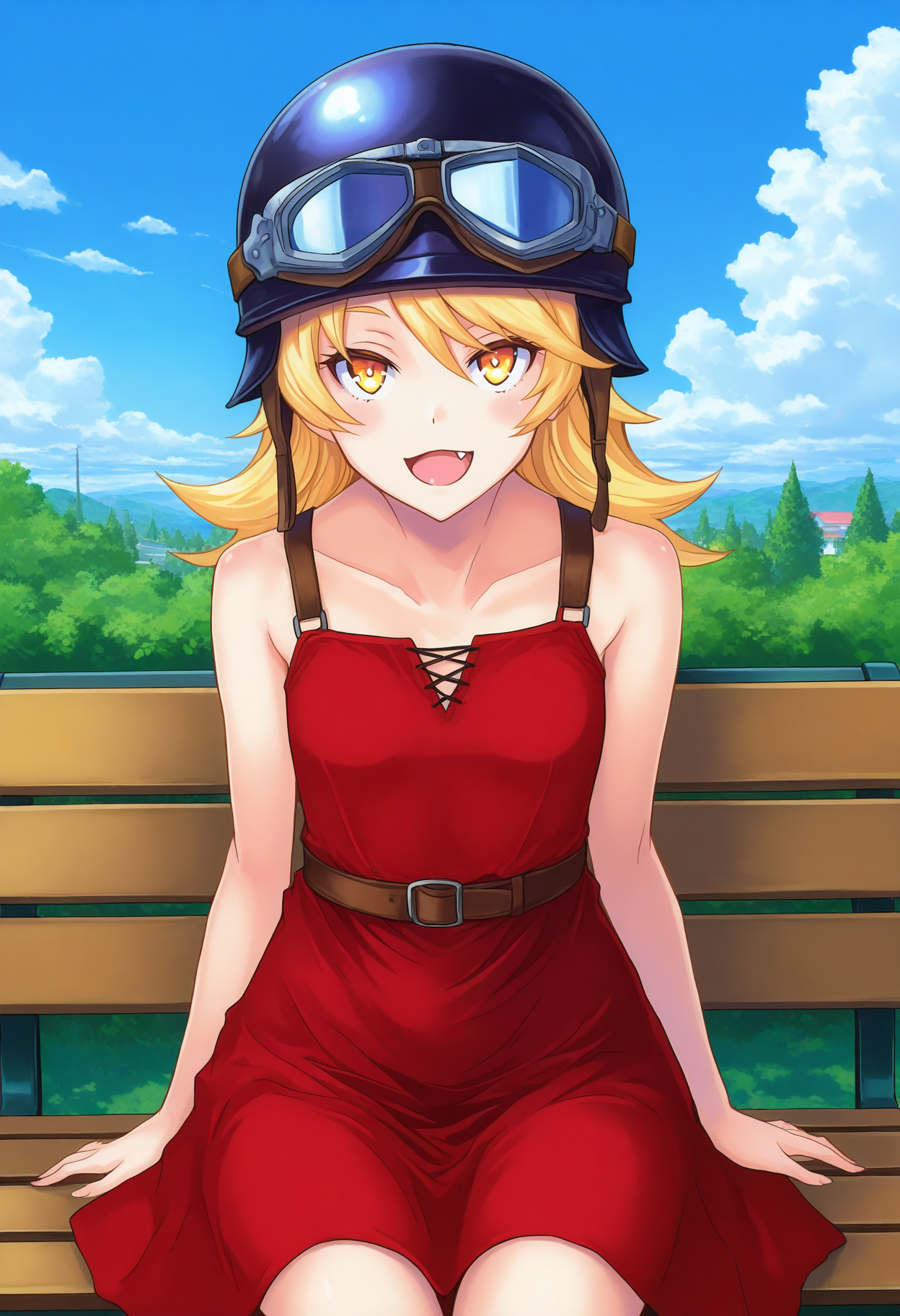 1girl, solo, looking at viewer, park bench, outdoors, sitting, smile, cowboy shot, open mouth, long blonde hair, dress, bare shoulders, yellow eyes, fang, black helmet, goggles on helmet,
BREAK outdoors, park bench, sky, day, cloud,  <lora:shinobu_nagata_tubasa_IL:1>shinobu_nagata_tubasa