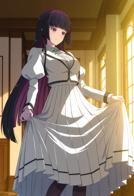 <lora:Kurogane Otoha_illustrious-000056:1>,
Kurogane Otoha,solo,indoors,dress,skirt hold,breasts,very long hair,long sleeves,long skirt,hime cut,puffy sleeves,white skirt,skirt hold,pleated skirt,black pantyhose,white jacket,