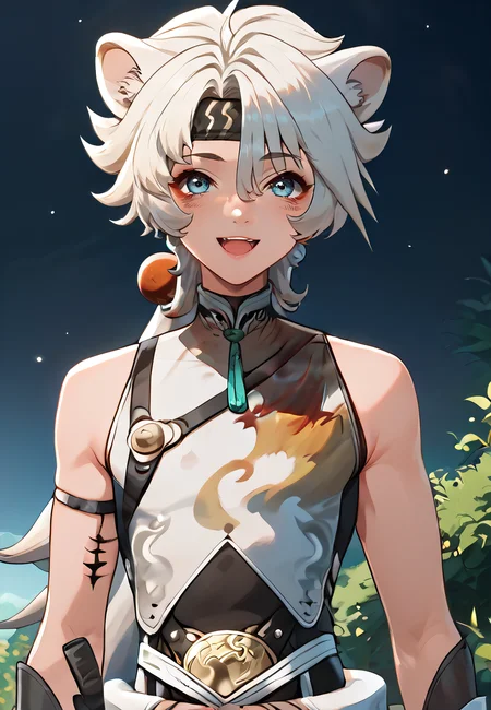 score_9, score_8_up, score_7_up, all in one, masterpiece, best quality, lots of details, (1boy:1.3), male focus, (narrow waist:1.5), <lora:sdxl_lightning_8step_lora:0.75> , closed mouth, shaded, detailed shading, detailed skin, shaded skin, realistic shading, looking at viewer, countershading:1.1, outdoors, <lora:add-detail-xl:0.7>, <lora:Smooth Anime 2 Style SDXL_LoRA_Pony Diffusion V6 XL:0.65>, , , , sloppy open mouth, cute smile, , hair between eyes, <lora:lingyang-08:0.85>, (lingyang:1.3), blue eyes, tail, animal ears, default outfit, (upper body:1.2),