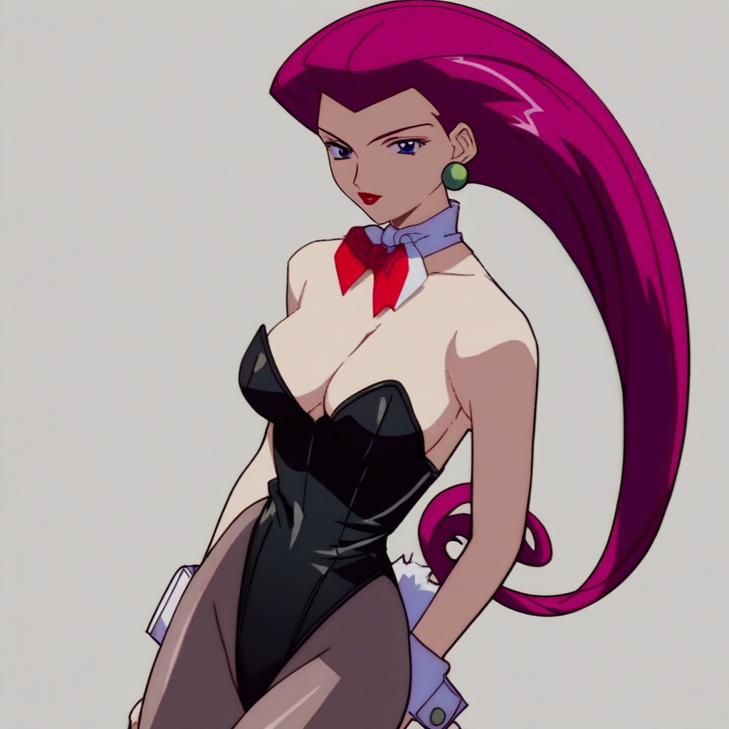 GT4ST3, source_anime,  artist style:Urushihara Satoshi, source_hentai, source_anime,1woman, looking at viewer, facing viewer, score_9, score_8_up, score_7_up, score_6_up, Jessie\(Pokemon\), BREAK, 1girl, solo,  bunnysuit, playboy_bunny, (Jessie from Pokemon), redhead, long hair, perfect face, perfect eyes, sexy, sexy girl, seductive, beautiful eyes, petite body, wide hips, large breasts, posing, dynamic angle, retro_artstyle