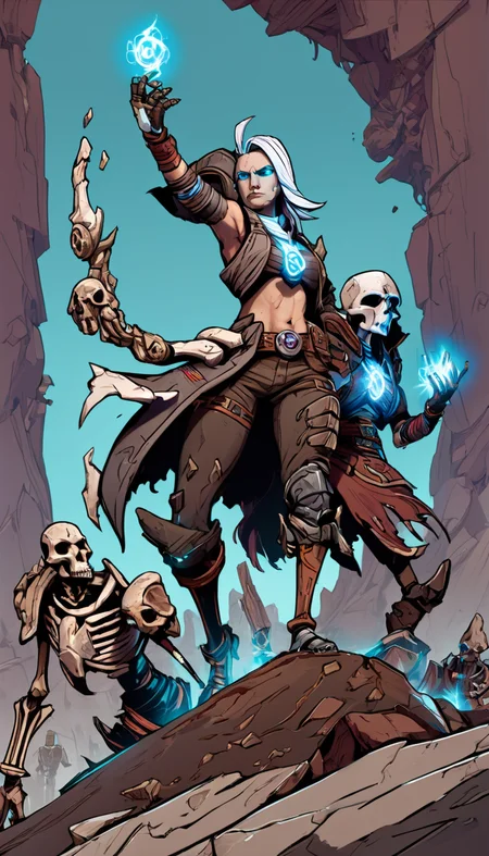 Indie game art,(Cinematic scene, hero view, d4d necromancer <lora:diablo_4_necromancer_xl_v1:1>, action pose, masterpiece, best quality, high quality, highres, absurdres), (Vector Art, Borderlands style, Arcane style, Cartoon style), Line art, Disctinct features, Hand drawn, Technical illustration, Graphic design, Vector graphics, High contrast, Precision artwork, Linear compositions, Scalable artwork, Digital art, cinematic sensual, Sharp focus, humorous illustration, big depth of field, Masterpiece, trending on artstation, Vivid colors, trending on ArtStation, trending on CGSociety, Intricate, Low Detail, dramatic