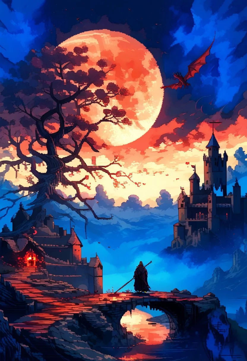 d3p1x3l, pixel art, ArsMJStylePony, score_9, score_8_up, score_7_up, score_6_up, blood moon over a misty lake with an abandoned castle on a cliff, lone dried up birch tree, (fire spewing red dragon in the middle of the sky blocking out the moon, spread wings, dragon Hunter looking up at its prey:1.3,
BREAK,
gothic castle, ddpapa, great lighting, long shadows, d4rkv1b3, flags, banners, tapestry,