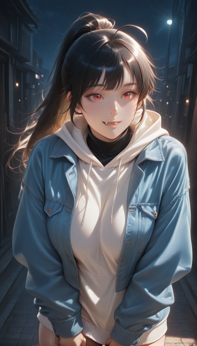 <lora:LCMTurboMix_Euler_A_fix:1> <lora:example_SDXL:0.3>, EZRealPONYXL, <lora:Dramatic Lighting Slider:3> <lora:realistic filter [IL]:1>
DSLR,realistic,cosplay photo, (very awa,masterpiece,best quality,year 2024,newest,absurdres,highres:1), realistic,skin texture,facial features, photography shot with Canon EOS 5D Mark IV , realistic, RAW, best quality, masterpiece, amazing quality, skin details,
1girl, highly detailed beautiful face, large natural breasts,
detailed background, shiny skin, dutch angle, night, moonlight,
beautiful detailed eyes, intricate details, absurdres, anime screencap,
 <lora:YoakenoNanashi_Vtuber_kill0825:1>
VTNanashi, long hair, black hair, red eyes, fang, ahoge, sidelocks,
long sleeves, jacket, ponytail, thighs, open clothes, hood, mole, open jacket, sweater, black shirt, hoodie, hood down, blue jacket, denim, white hoodie, undershirt, denim jacket, shirt, turtleneck, 
Dynamic pose,