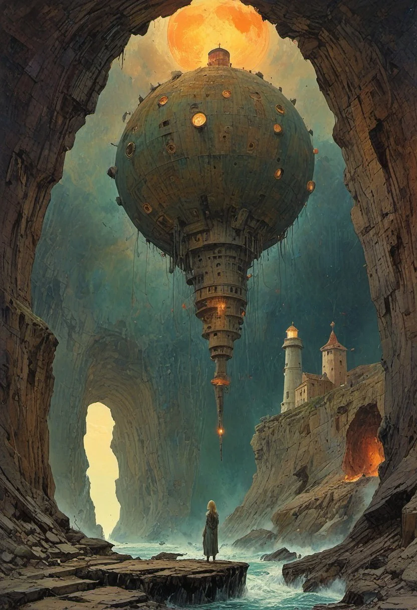 A beautiful blonde, pop art, pastel ink, sleek futuristic, outfit dress, standing in a cave, high quality fantasy art, historic rendering of an old lighthouse, square spaceship , digital artwork by Beksinski, vibrant colors include cuware and births a house,picture shows water, expansive, the moon, with strange architecture and down on a suspended mid-air jet. create a sense of detailed, abstract, trippy, 60s style, op art, cell shaded, 8k. The composition includes overlapping circles, sharp-edged polygons, and fluid lines, all interwoven to create a sense of rhythm and flow.