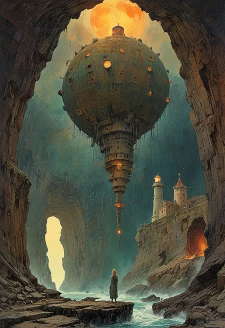 A beautiful blonde, pop art, pastel ink, sleek futuristic, outfit dress, standing in a cave, high quality fantasy art, historic rendering of an old lighthouse, square spaceship , digital artwork by Beksinski, vibrant colors include cuware and births a house,picture shows water, expansive, the moon, with strange architecture and down on a suspended mid-air jet. create a sense of detailed, abstract, trippy, 60s style, op art, cell shaded, 8k. The composition includes overlapping circles, sharp-edged polygons, and fluid lines, all interwoven to create a sense of rhythm and flow.