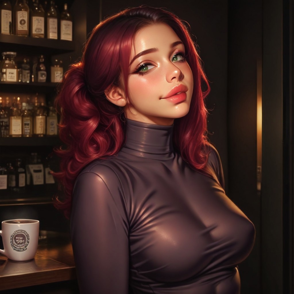 artist:moriimee, sinfully stylish, dramatic lighting, long shadows, soft light, masterpiece,best quality,amazing quality, absurdres, european coffee shop, plain black coffee mug, moody lighting, sleek white turtleneck, 1woman, sexy woman, solo woman, 38 years old, hair in messy ponytail, green eyes, red hair, ( perky (medium breasts)), (full juicy lips), tan, aroused,sunshine, sexy smile, eye contact, looking seductively at viewer, full color