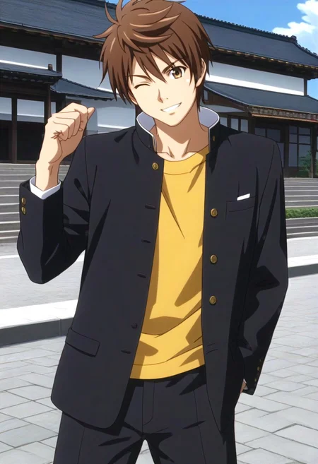 ((masterpiece)), ((best quality)), ((ultra-detailed)), ((absurdres)), score_9_up, score_8_up, score_7_up,
HD, top quality, best quality, amazing quality, High-quality illustrations, anime screencap, source_anime, best aesthetic, perfect proportions, perfect eyes, 1boy, 1male, solo boy, solo male, male focus, solo male focus, Anime, boy, male anime character, anime boy, handsome, cute, charming, sexy, good-looking, Yoshiharu Sagara, brown hair, yellow-brown eyes, black plain gakuran blazer, school uniform, yellow shirt, black pants, ((slim body, lean body)), ((historical japanese background, blue white sky, wide fields)), ((cowboy shot, head to hips shot)), ((front view, front shot, facing front, view from the front)), ((smile, one eye closed)), ((teasing expression, flirting expression))
