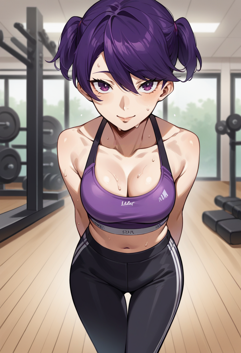 score_9, score_8_up, score_7_up, source_anime BREAK 1girl, solo,
 <lora:zs_KikunoXL:1> kikunop3, purple hair, short hair, short twintails, purple sports bra, cleavage, black yoga pants
smile, cowboy shot, looking at viewer, gym, sweat, pov, hands behind back