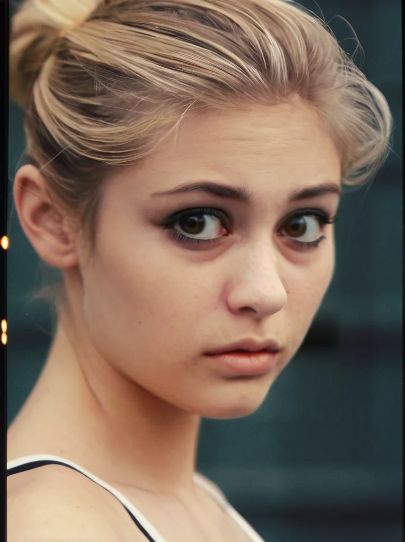 analog photograph of 1girl looking like Kristen_Sims_P_MXAI_SDXL close up shot, doubtful expression filmgrain