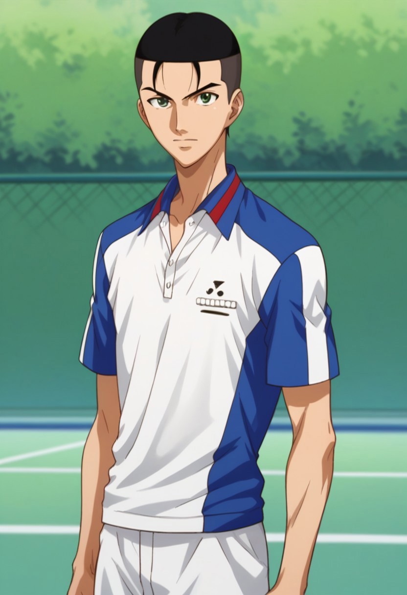 score_9, score_8_up, score_7_up, source_anime, highly detailed, 

shuichiro, 1boy, male focus, solo, black hair, very short hair, green eyes, sportwear, green eyes, tennis uniform,
polo shirt, white shirt, blue shirt,

outdoor, 