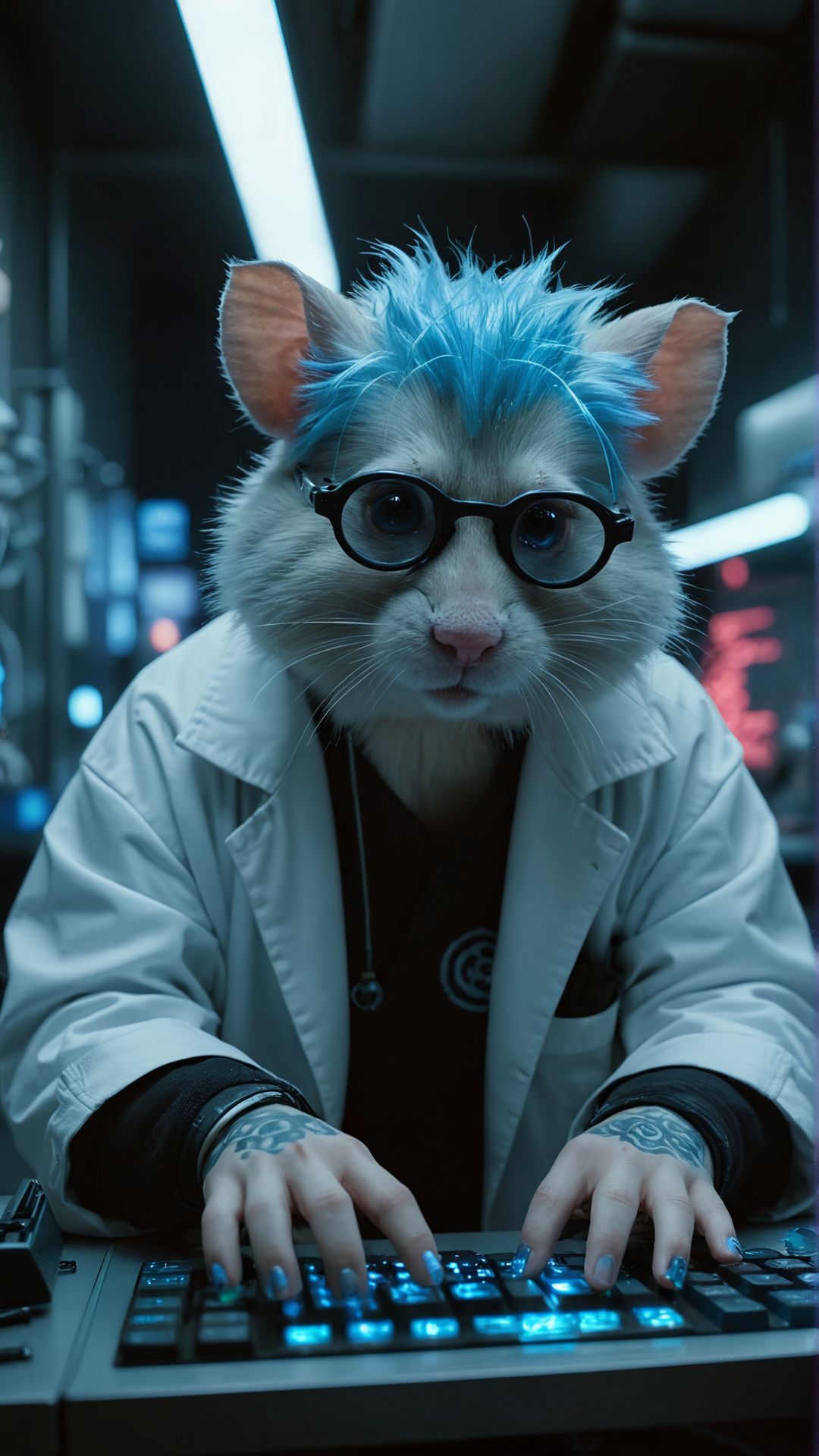 A cyberpunk hacker with neon blue hair and glowing tattoos, sitting in a dark room filled with holographic screens and futuristic tech, typing furiously on a transparent keyboard A mad scientist hamster in a tiny lab coat, conducting bizarre experiments with miniature beakers and test tubes in a secret lab hidden inside a hamster wheel
Ultra realistic, professional photo, uhd, 8k
<lora:add-detail-xl:1>
<lora:CinematicStyle_v1:0.7>
OverallDetailXL