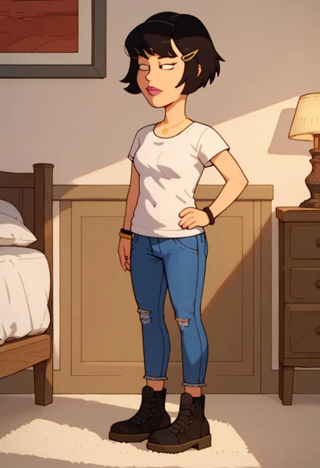 Score_9_up, score_8_up, score_7_up, Expressiveh, 1girl, solo, aliad, black hair, hairclip, necklace, white shirt, bracelet, jeans, boots, hand on hip, bedroom