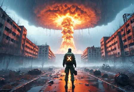 OPPENHEIMER, Scum game background, Chernobyl disaster, The nuclear power plant was destroyed after the explosion , Intercontinental ballistic missile Nuclear weapon, Russian alphabet, Apocalypse,girl, fire, glowing x, minimalist short outfit, anti social , escapade running, falling snow, cyberpunk ruined ancient city, intricate details,8k post production, faithful, Religious denomination, cinematic color