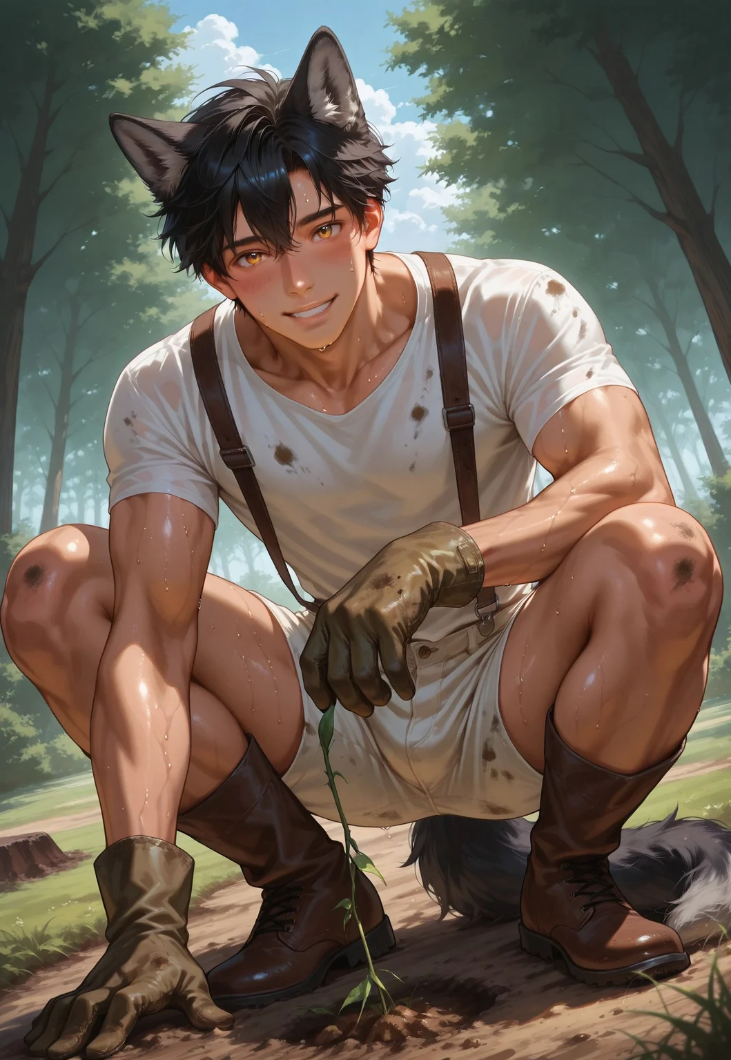 masterpiece, best quality, amazing quality, very aesthetic, absurdres, extremely detailed, newest, volumetric lighting, uncensored, (high quality:1.2), (best quality:1.2), ultra-detailed, realistic, dynamic shot, full body, dutch angle, 1boy, Ak3ru, kemonomimi, wolf boy, wolf ears, wolf tail, amber eyes, black hair, twink, animal ear fluff, male focus, (detailed eyes), blush, toned male, looking at viewer, casual, graphic t-shirt, cream shorts, squatting, gardening, digging soil, low angle, grass, tree, field, clouds, sweating, suspenders, ((dirty)), gardening gloves, happy, boots, dirt on body, dirt on skin, dirt on clothes, warm light, golden hour, rating:safe, sfw