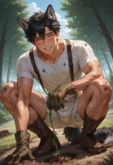masterpiece, best quality, amazing quality, very aesthetic, absurdres, extremely detailed, newest, volumetric lighting, uncensored, (high quality:1.2), (best quality:1.2), ultra-detailed, realistic, dynamic shot, full body, dutch angle, 1boy, Ak3ru, kemonomimi, wolf boy, wolf ears, wolf tail, amber eyes, black hair, twink, animal ear fluff, male focus, (detailed eyes), blush, toned male, looking at viewer, casual, graphic t-shirt, cream shorts, squatting, gardening, digging soil, low angle, grass, tree, field, clouds, sweating, suspenders, ((dirty)), gardening gloves, happy, boots, dirt on body, dirt on skin, dirt on clothes, warm light, golden hour, rating:safe, sfw