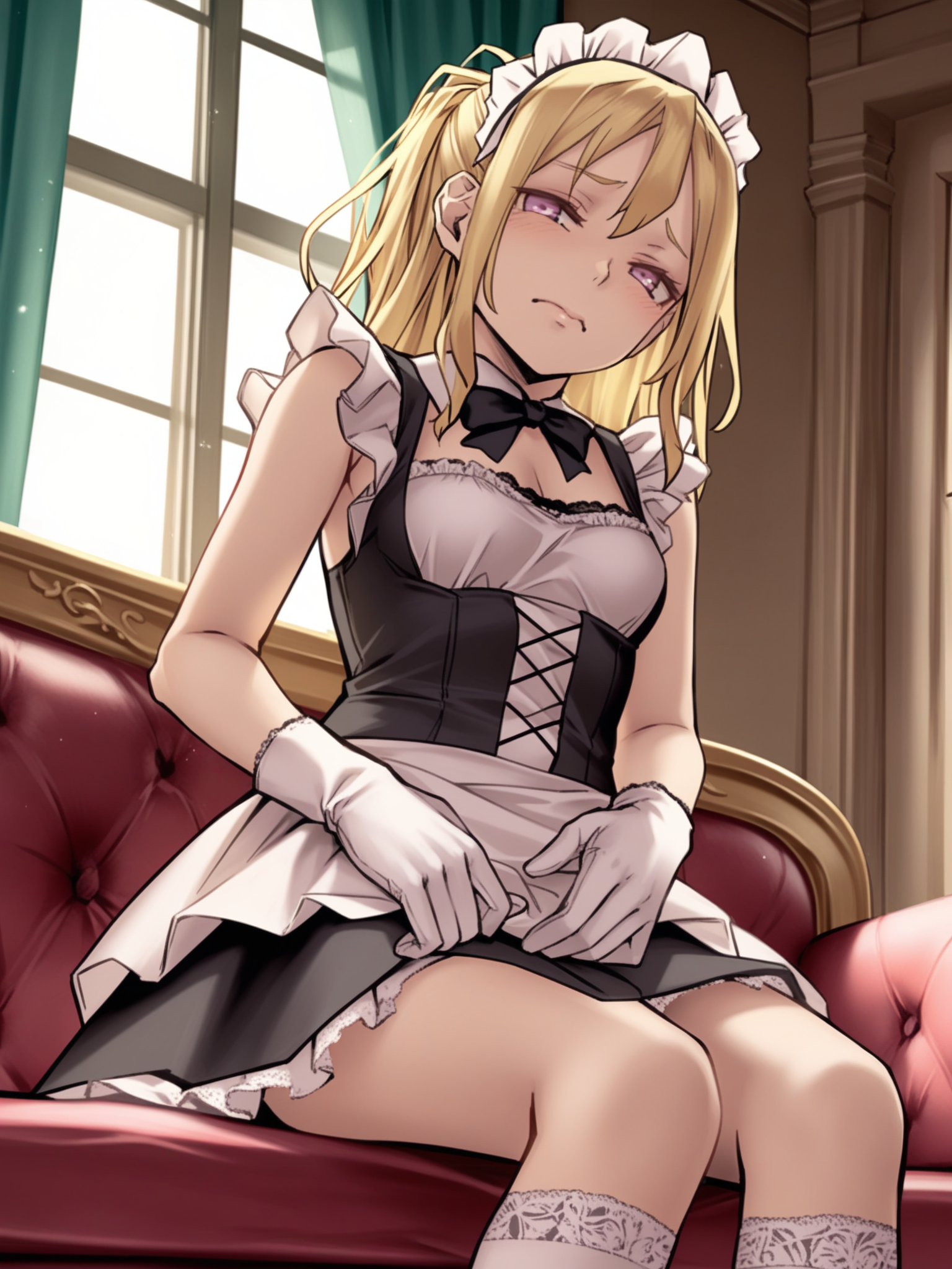 <lora:happy_tentacle-fuyuno-v0.3-000021:1>, ht_fuyuno, blonde hair, maid, maid headdress, sleeveless dress, frills, gloves, kneehighs, bowtie , indoors 1girl, solo, , half-closed eyes , (embarrassed :1), , looking at viewer , sitting , facing viewer , score_9, score_8_up, score_7_up, score_6_up, score_5_up, score_4_up